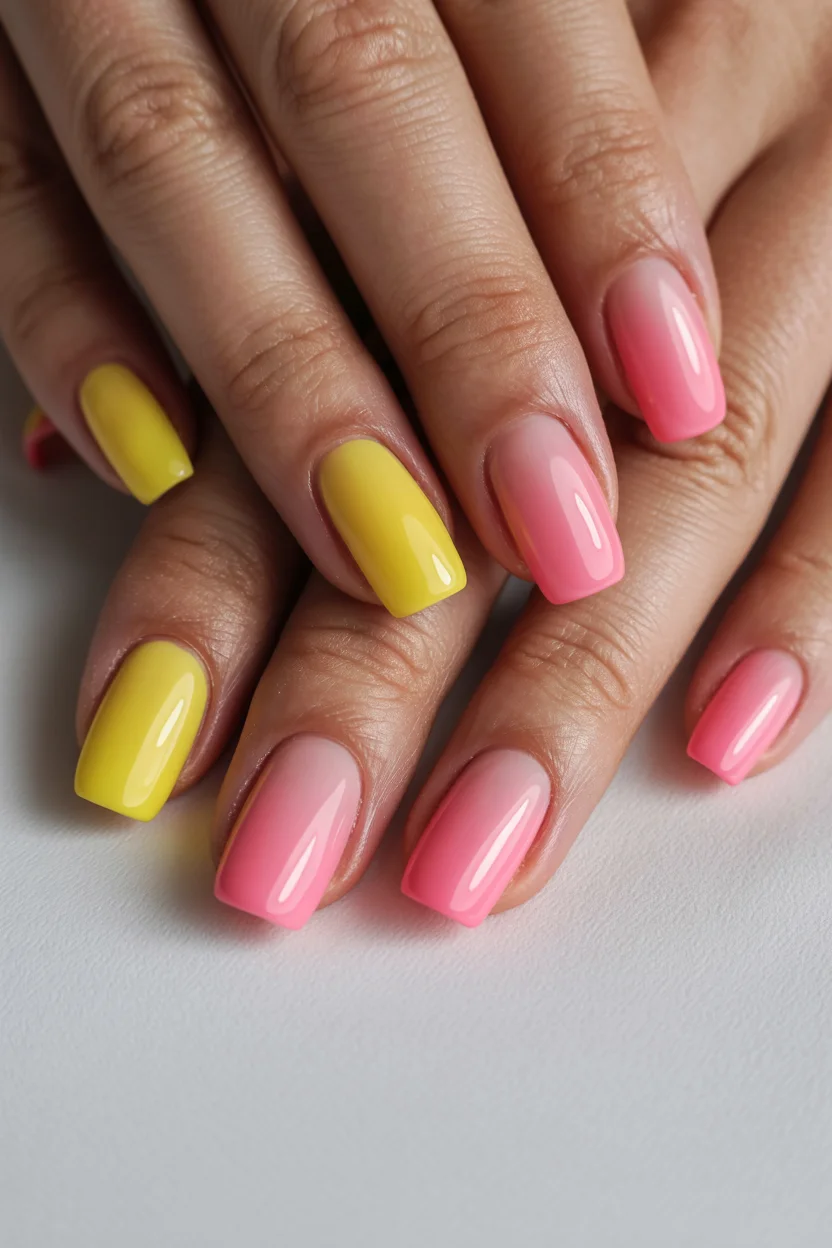 summer nails square 2026 Pink and Yellow Ombre Nails That Look Like Summer Candy