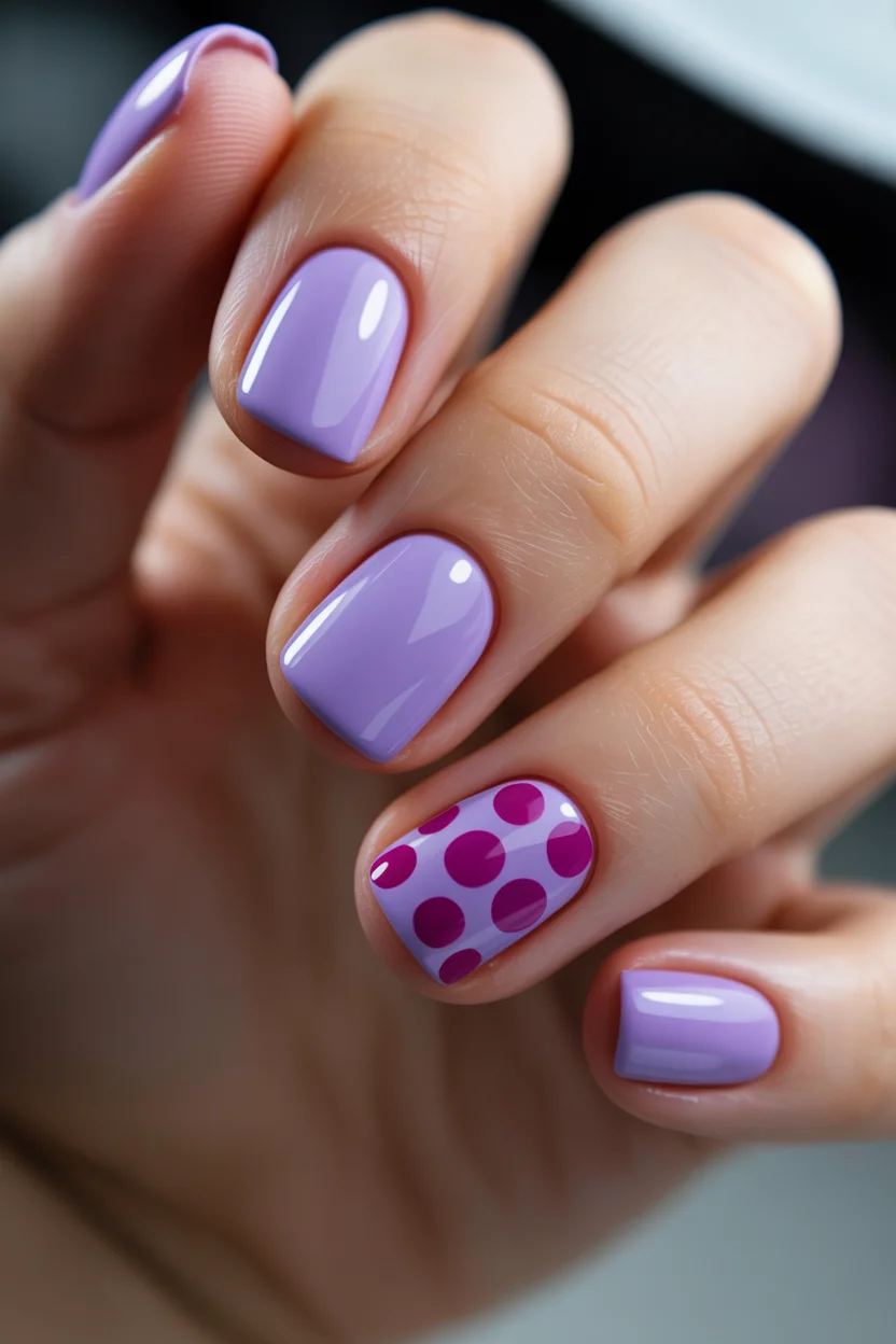 summer nails square 2026 Lavender Polka Dot Nails With a Retro Summer Twist