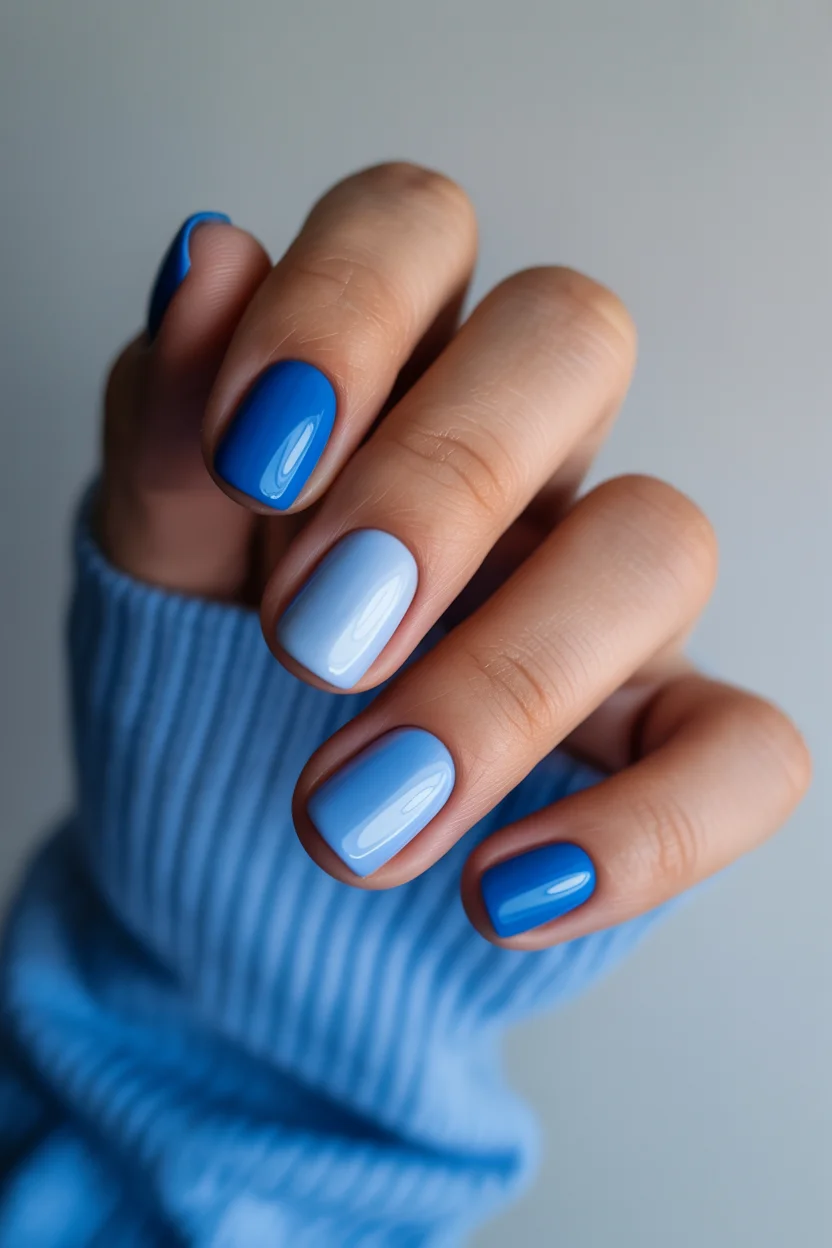 summer nails square 2026 Mixed Blue Square Nails With a Cool-Toned Minimalist Mood