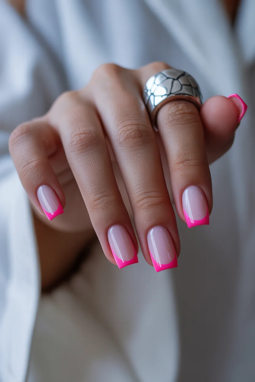 summer nails square 2026 Hot Pink French Tips That Feel Playful Without Trying Too Hard