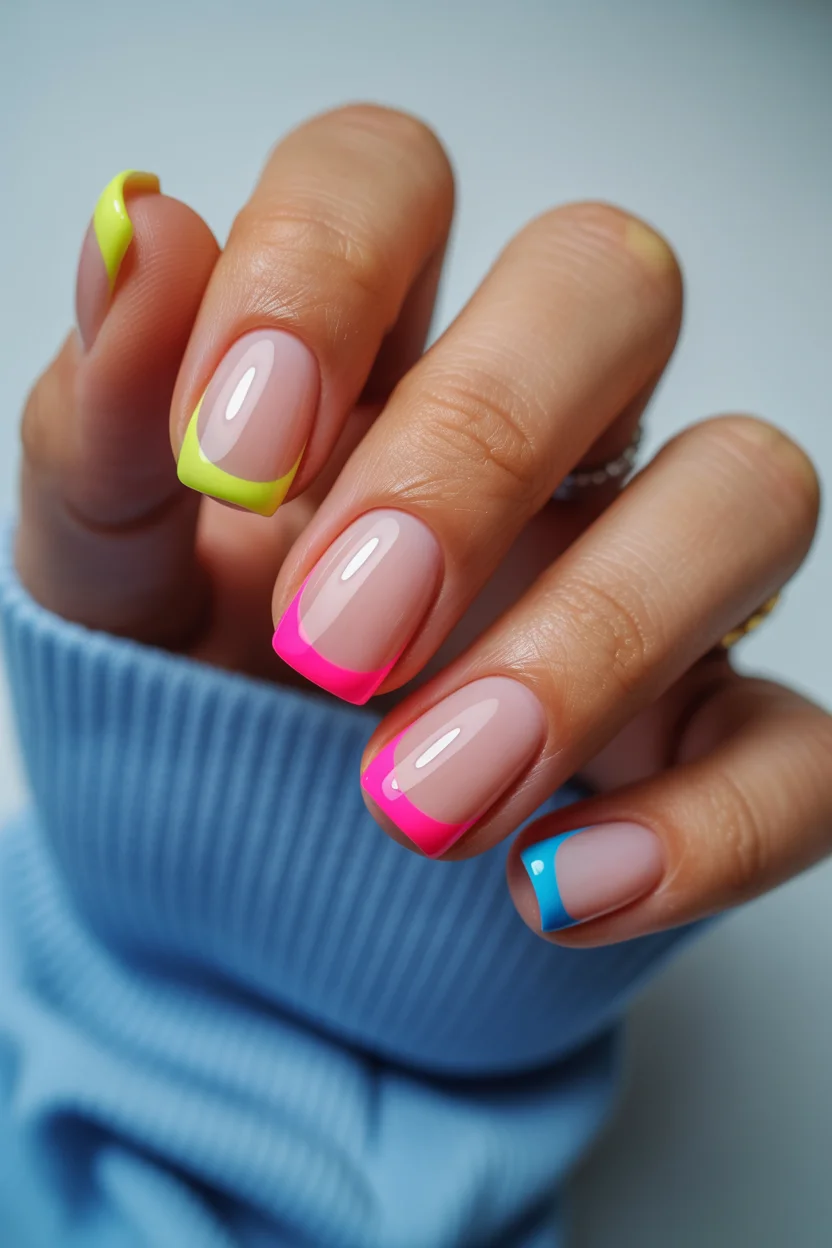 summer nails square 2026 Colorful Neon French Tips That Feel Straight Out of a Summer Playlist