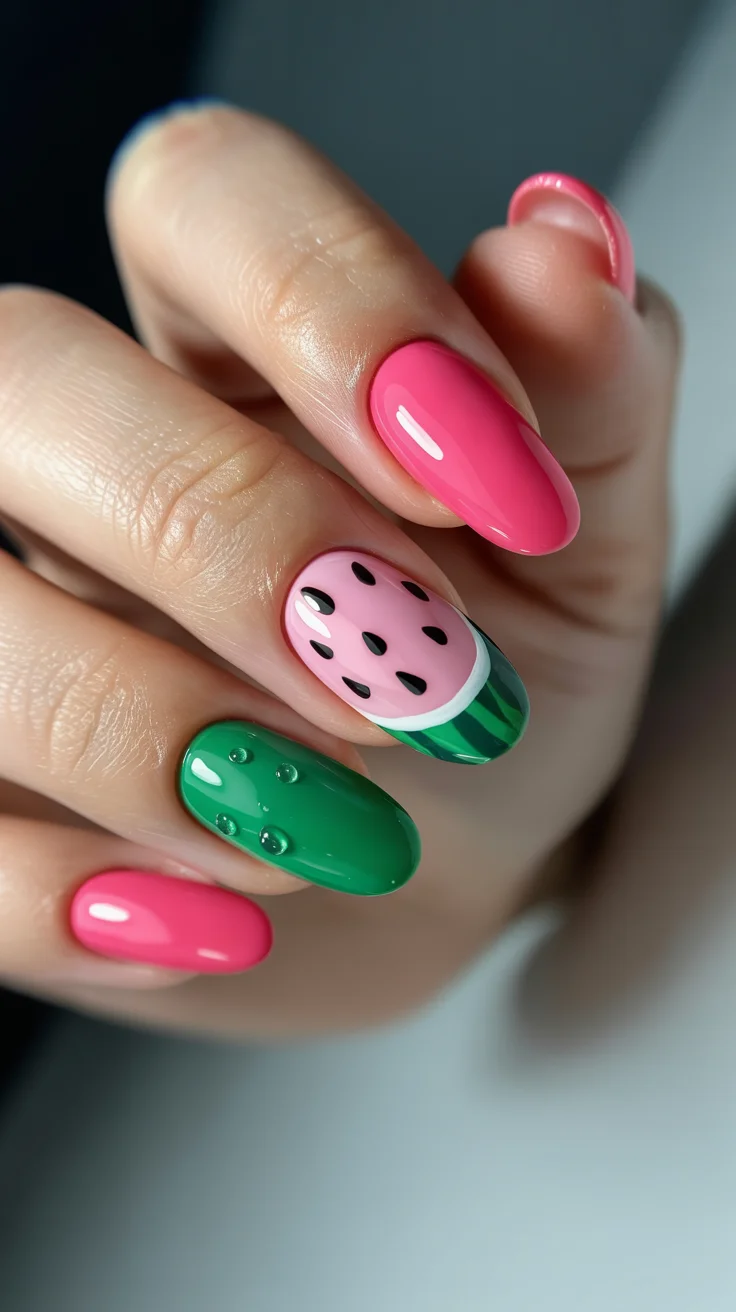 summer nails watermelon 2026 Glossy Pink Watermelon Nails That Feel Like Peak July