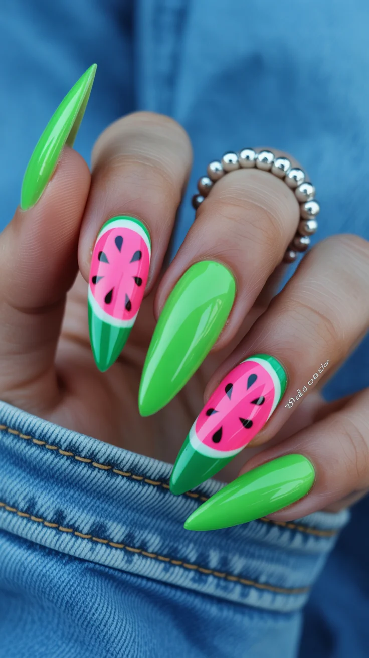 summer nails watermelon 2026 Neon Green Watermelon Nails for Girls Who Want Attention