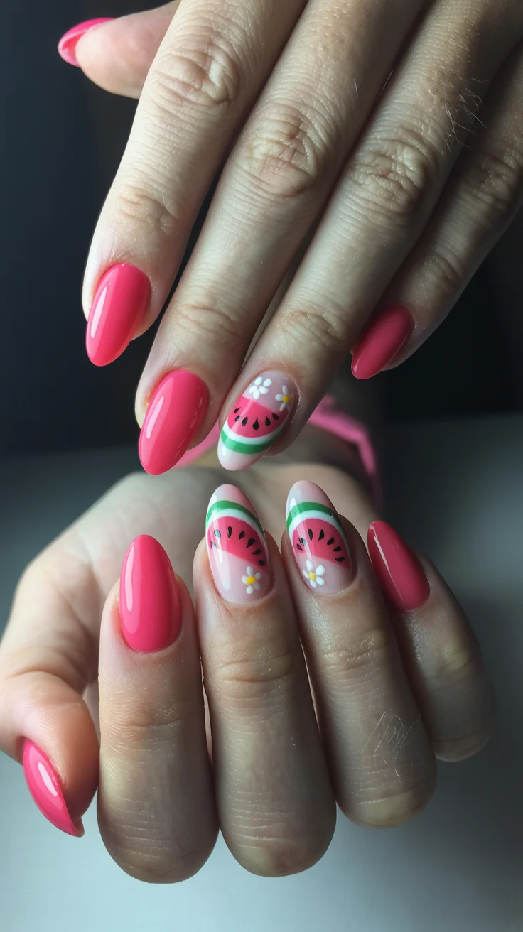 summer nails watermelon 2026 Pink Watermelon Nails With Tiny Daisy Details