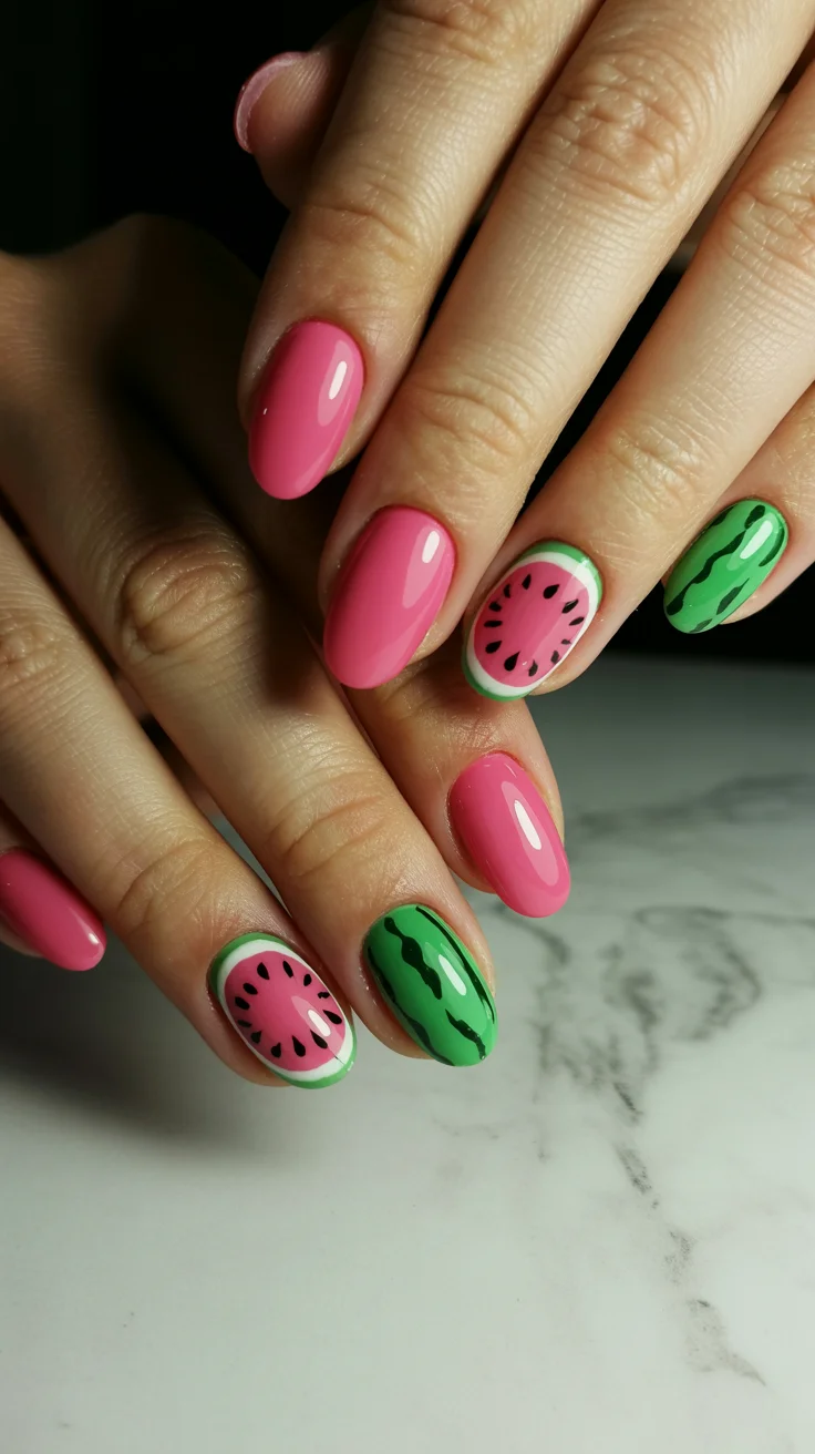 summer nails watermelon 2026 Glossy Watermelon Accent Nails With Playful Green Details