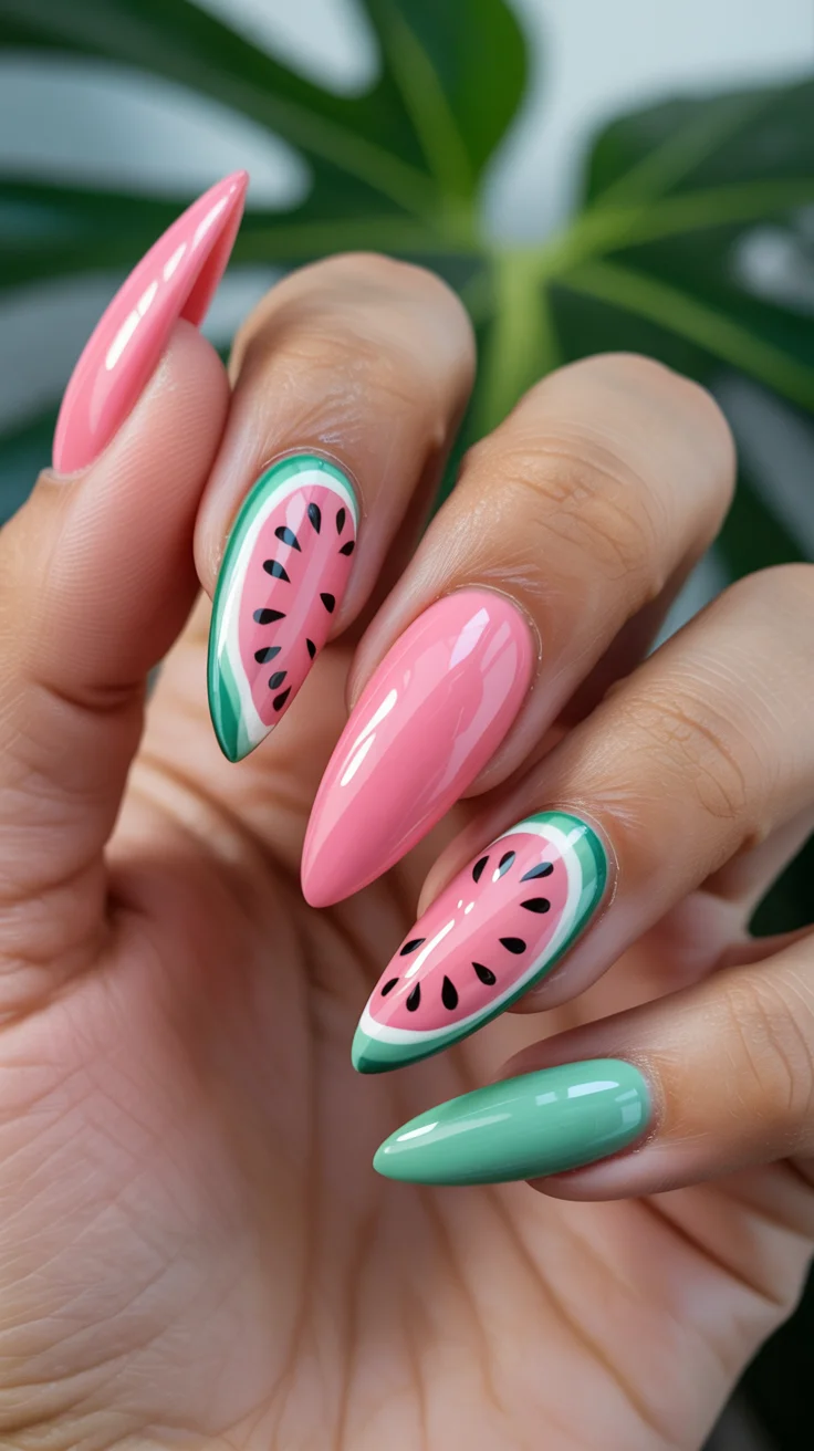 summer nails watermelon 2026 Long Almond Watermelon Nails With Tropical Color Blocking