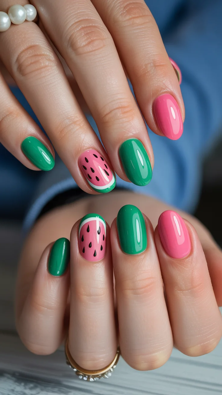 summer nails watermelon 2026 Short Green and Pink Watermelon Nails for Everyday Summer Style