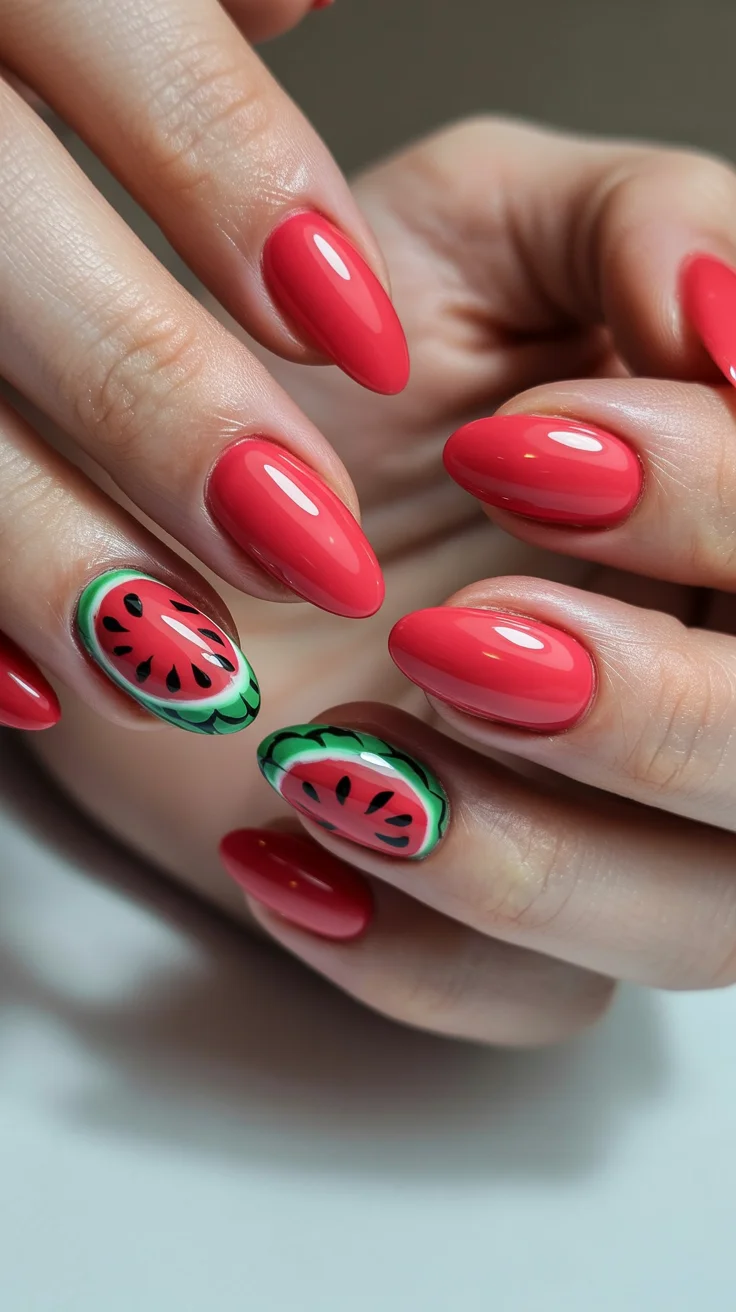 summer nails watermelon 2026 Glossy Coral Watermelon Nails With Minimal Tropical Details