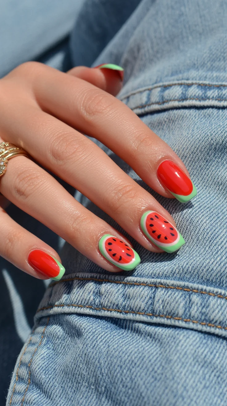 summer nails watermelon 2026 Short Watermelon Nails With Bright Green French Edges