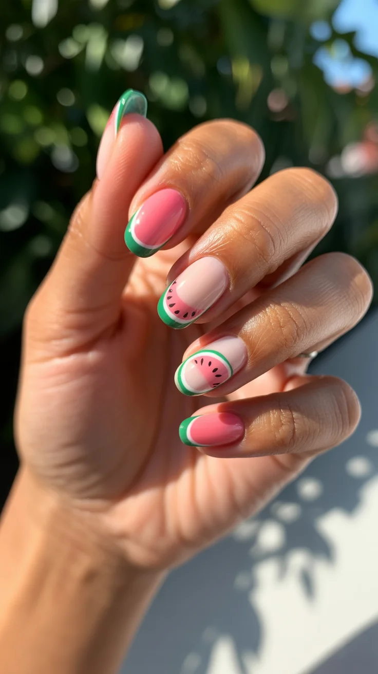summer nails watermelon 2026 Minimal Watermelon French Tips With a Soft Girl Finish