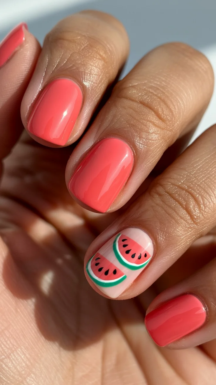 summer nails watermelon 2026 Juicy Coral Watermelon Nails for Short Summer Manicures