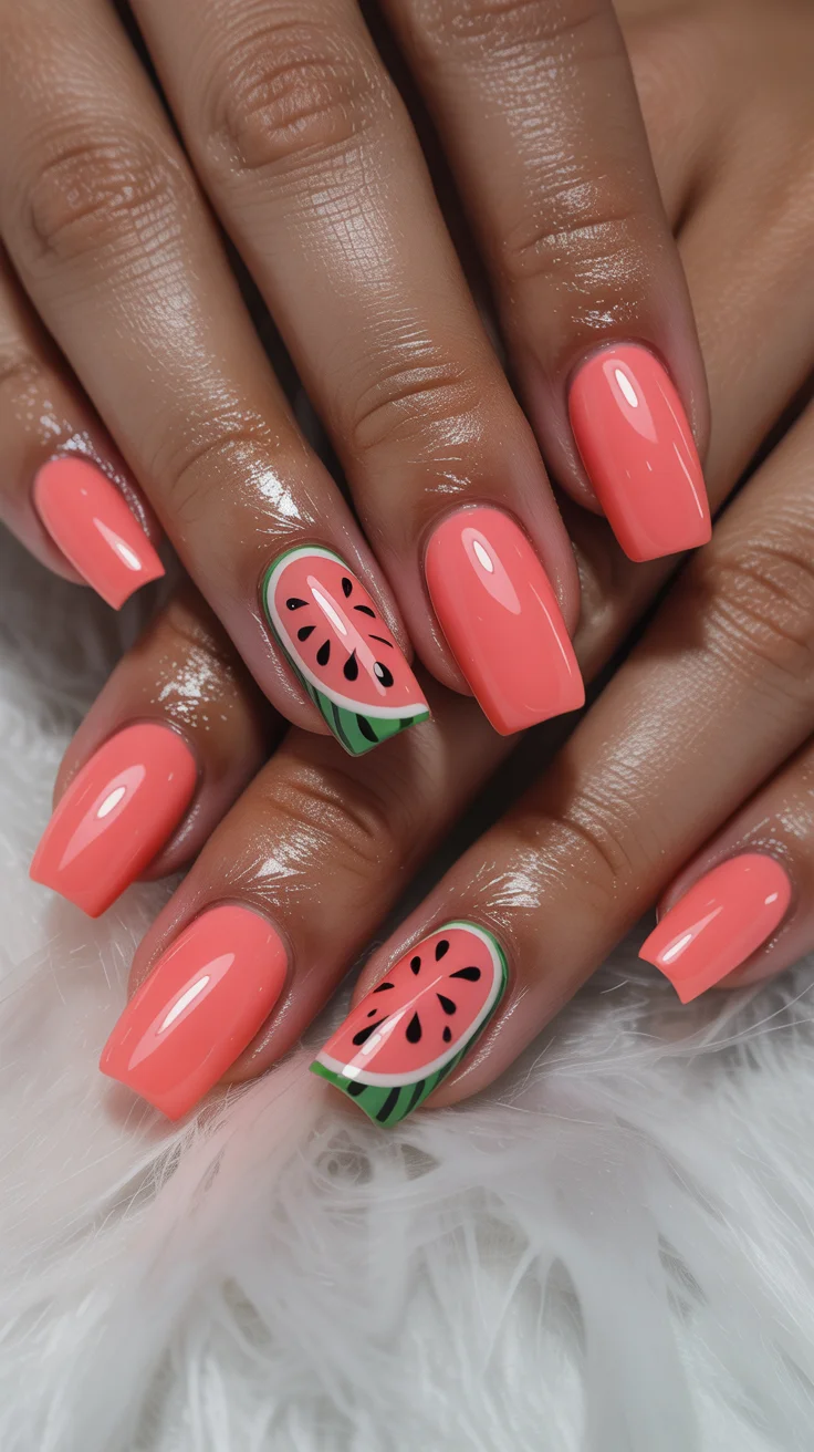 summer nails watermelon 2026 Square Watermelon Nails With a Glossy Retro Energy