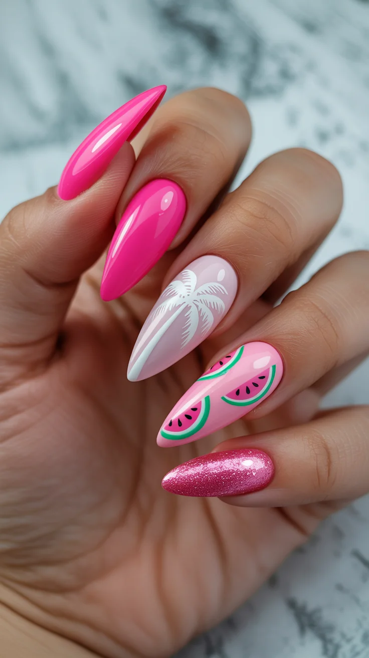 summer nails watermelon 2026 Hot Pink Watermelon Nails That Look Made for Vacation Photos