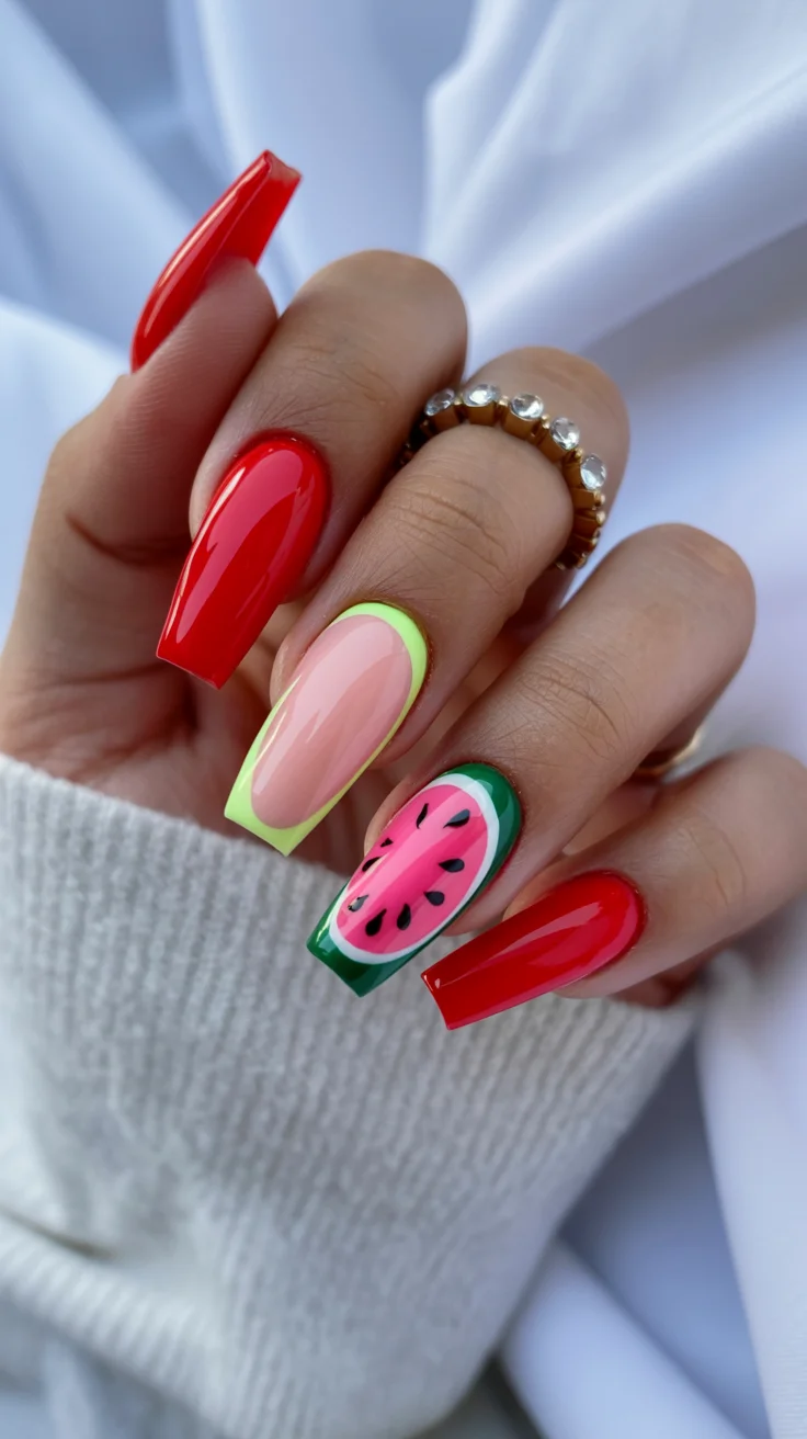 summer nails watermelon 2026 Bold Watermelon Coffin Nails With High-Contrast Summer Colors