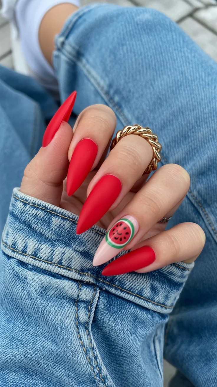 summer nails watermelon 2026 Matte Red Watermelon Stiletto Nails for a Dramatic Summer Look