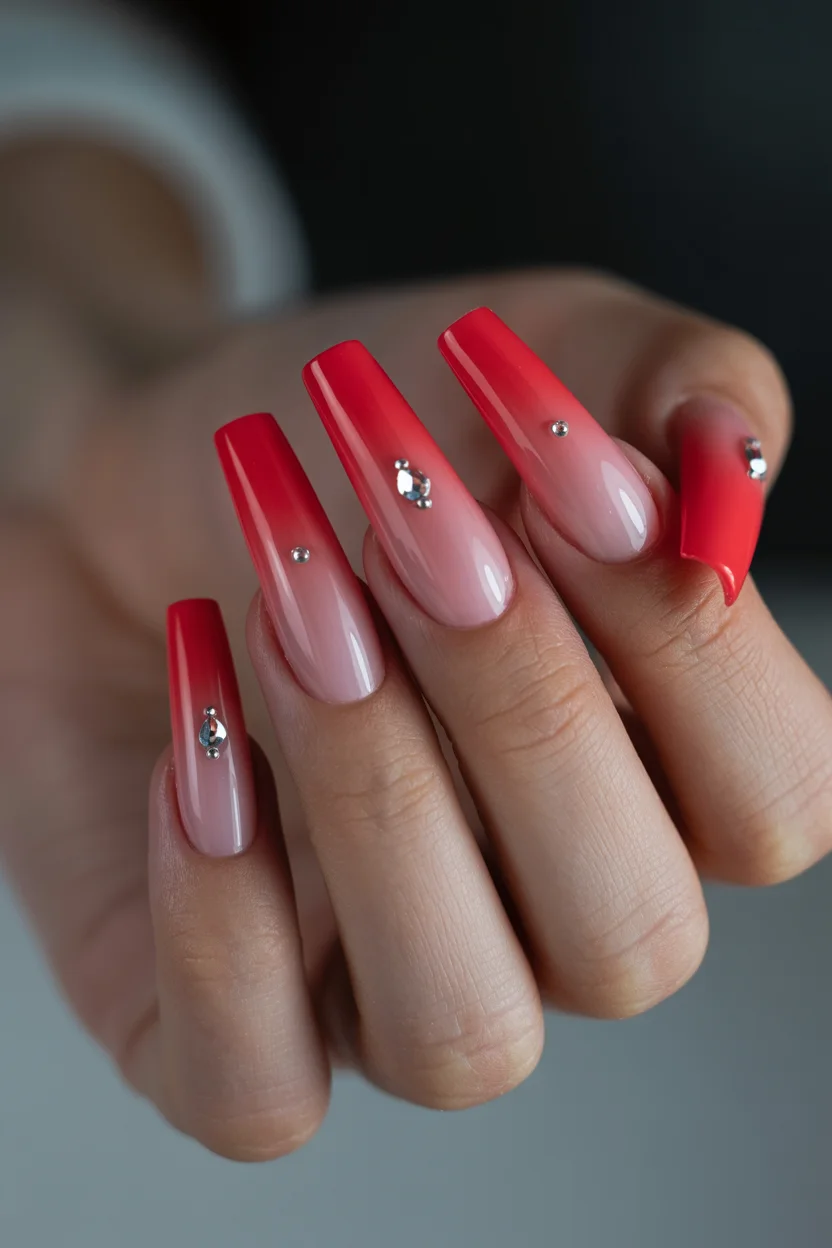 summer ombre nails 2026 Cherry Red Ombre Coffin Nails With Crystal Details
