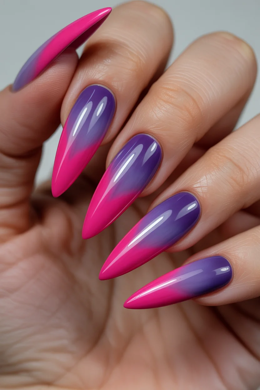 summer ombre nails 2026 Electric Pink and Violet Ombre Nails With Bold Contrast