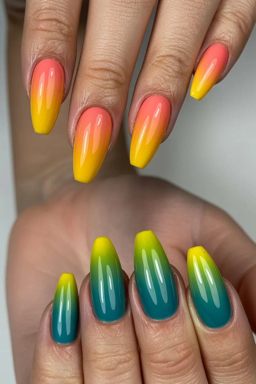 summer ombre nails 2026 Tropical Sunset Ombre Nails With a Two-Tone Twist
