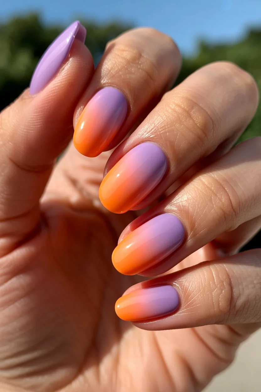 summer ombre nails 2026 Lavender Peach Ombre Nails With a Sunset Glow