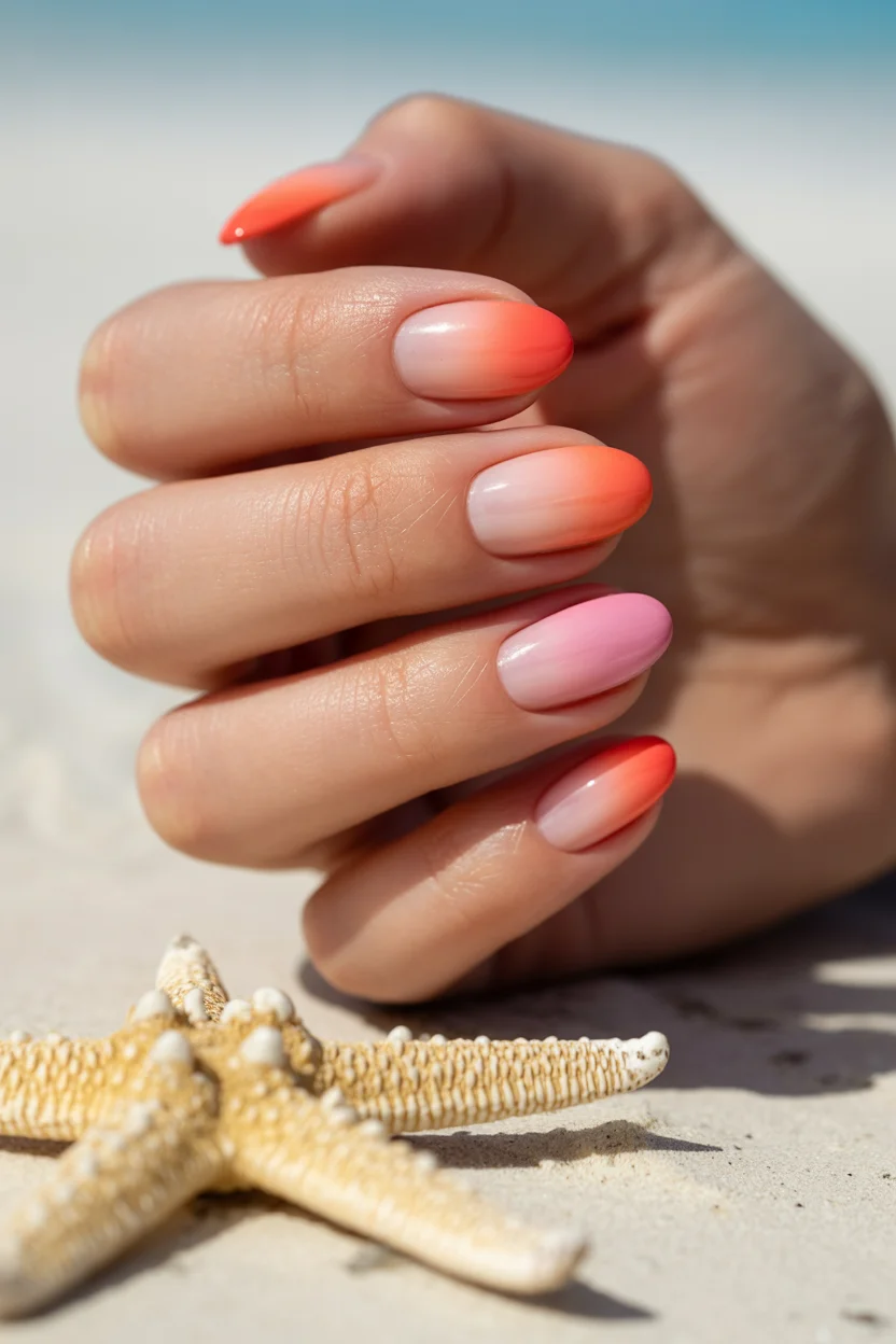 summer ombre nails 2026 Sunset Coral Ombre Nails for Vacation Energy