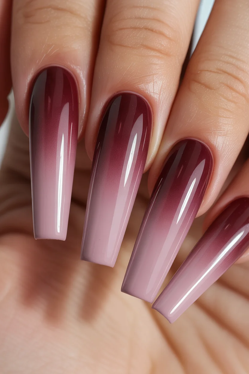 summer ombre nails 2026 Dark Cherry Ombre Coffin Nails With a Velvet Finish