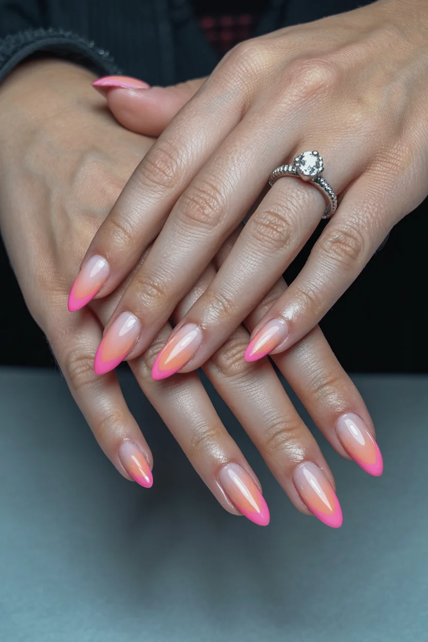 summer ombre nails 2026 Hot Pink Sunset Ombre Nails for a Playful Summer Mood