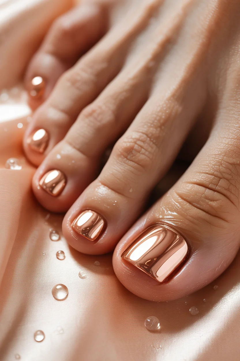 summer pedicure colors 2026 Chrome Rose Gold Pedicures Add Instant Glamour to Summer Nights