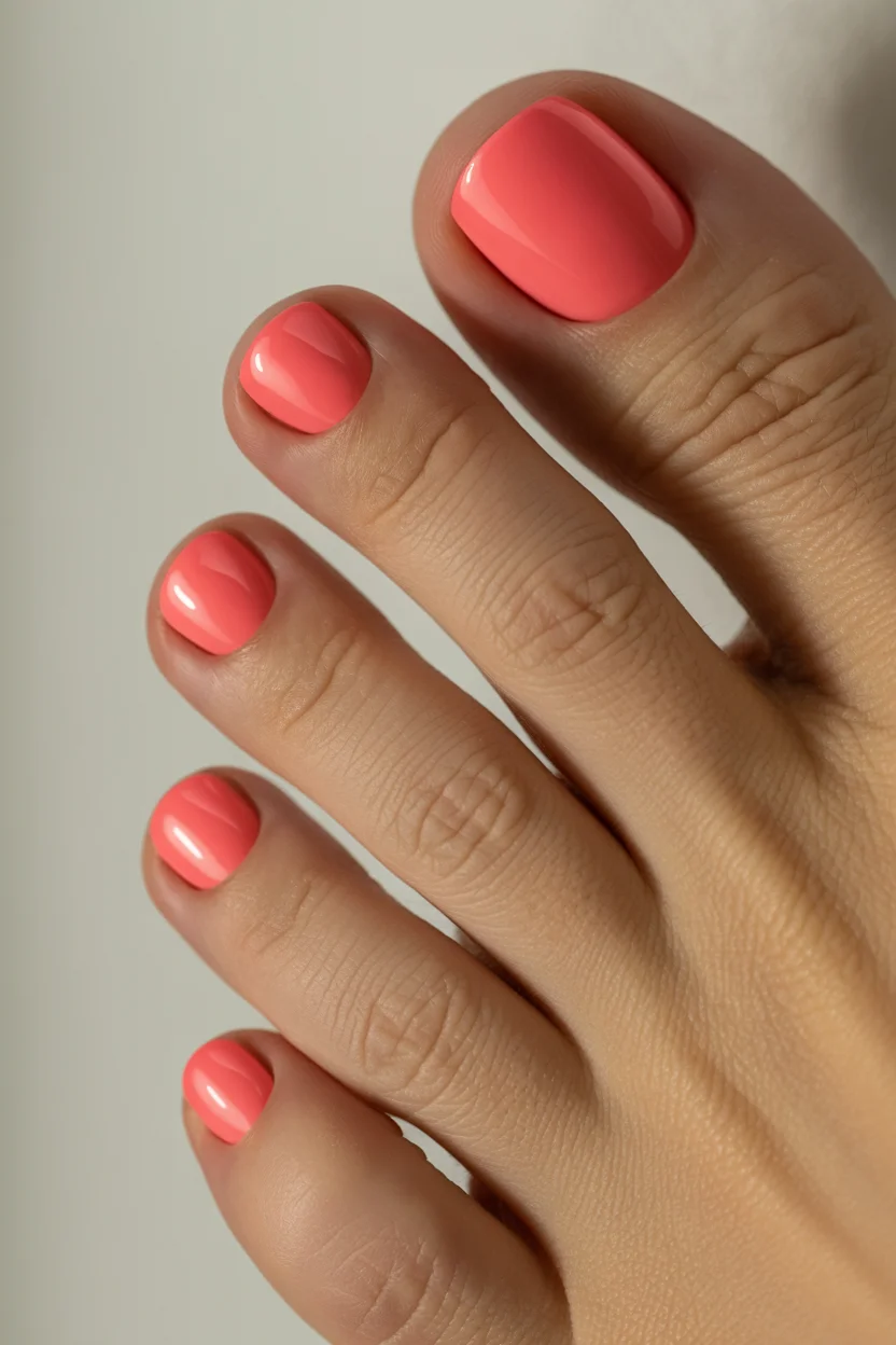 summer pedicure colors 2026 Glossy Coral Pink Shades Bring Instant Heat to Summer Pedicures