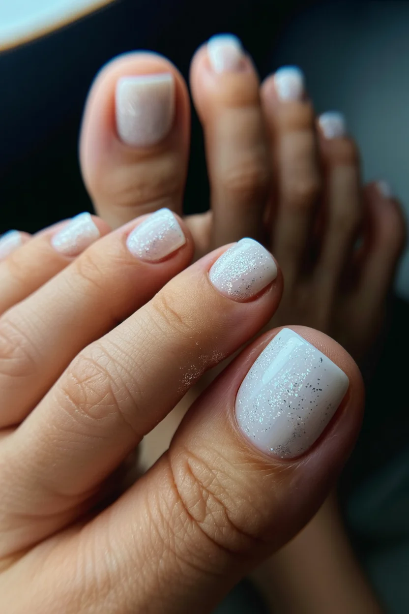 summer toe nails colors 2026 Soft White Glitter Nails Bring a Subtle Mermaid Glow Into Summer