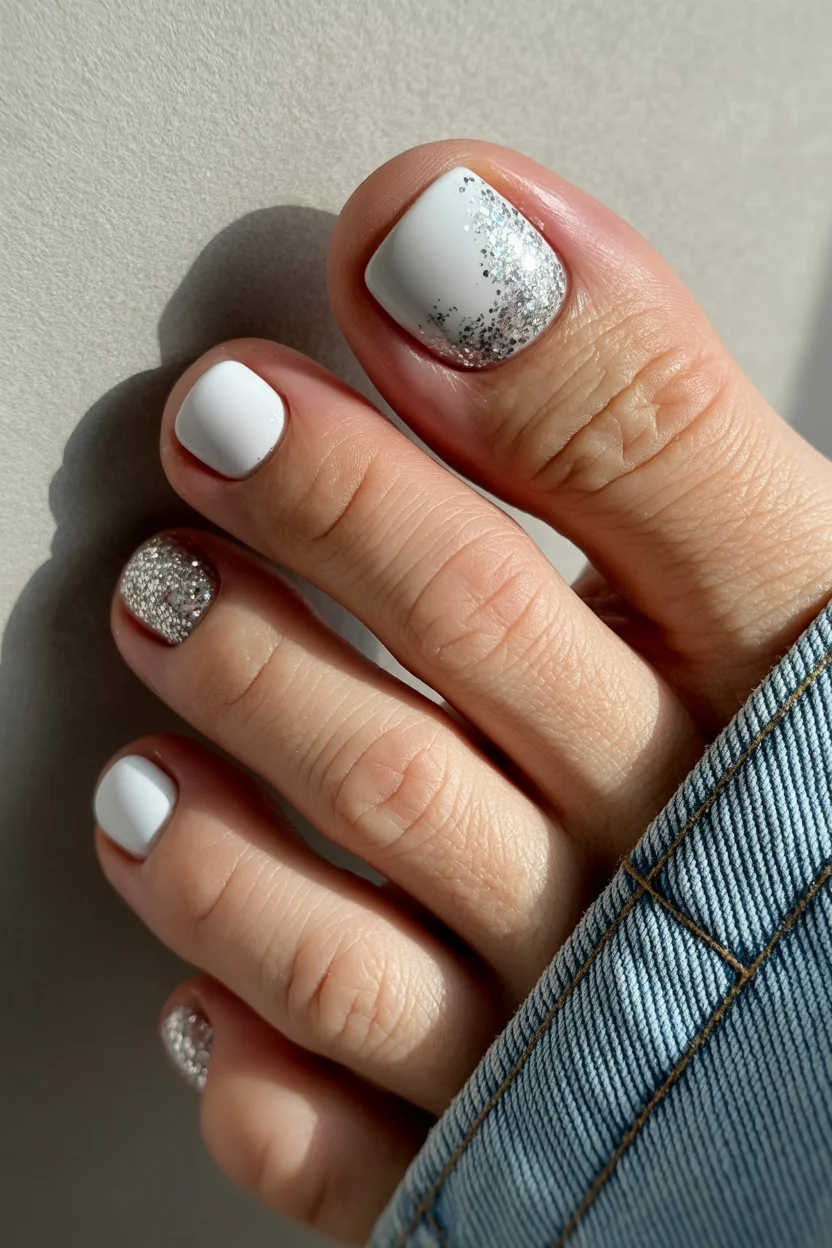 summer toe nails colors 2026 White and Silver Glitter Pedicures Feel Like Summer Party Season in Nail Form