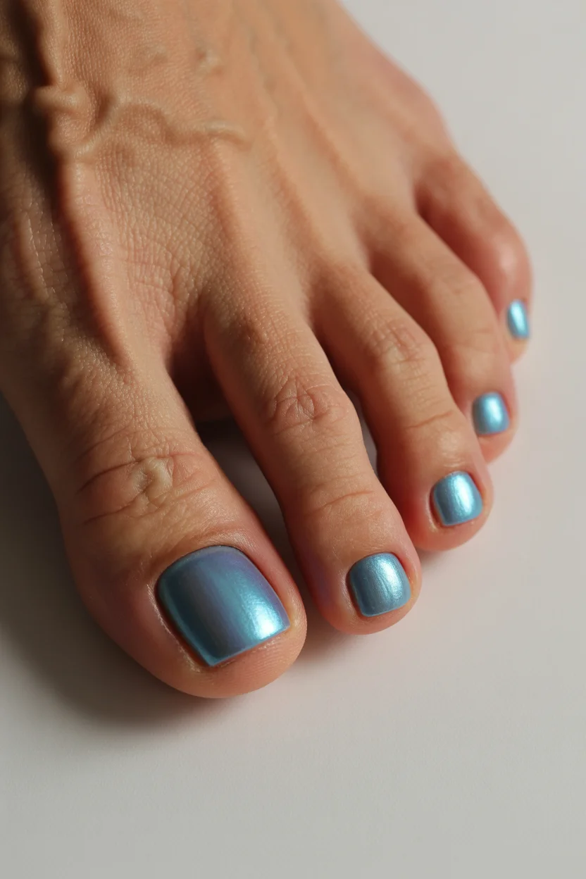 summer toe nails colors 2026 Metallic Ice Blue Is Giving Futuristic Mermaid Energy This Summer