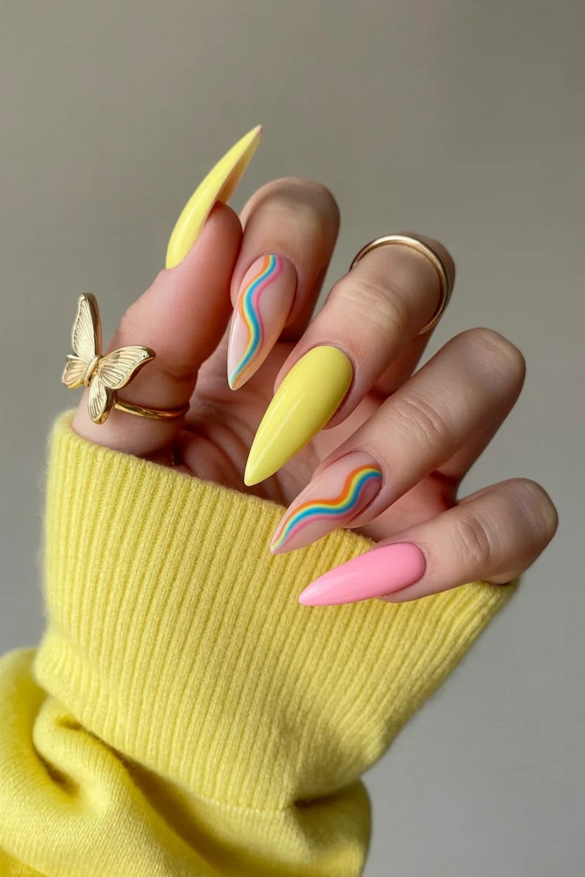 Summer yellow nails 2026 Rainbow Swirls and Butter Yellow Energy