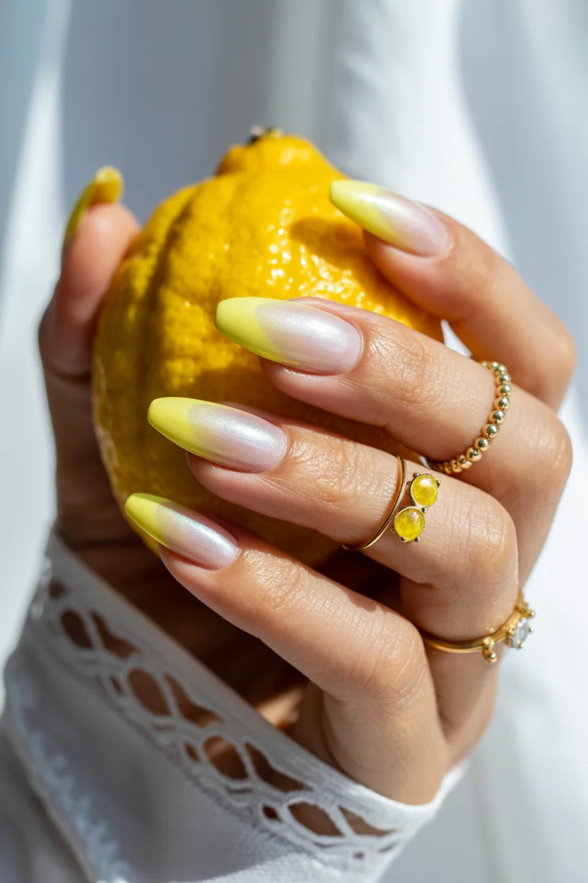 Summer yellow nails 2026 Pearl Glazed Lemon Tips for Golden Hour