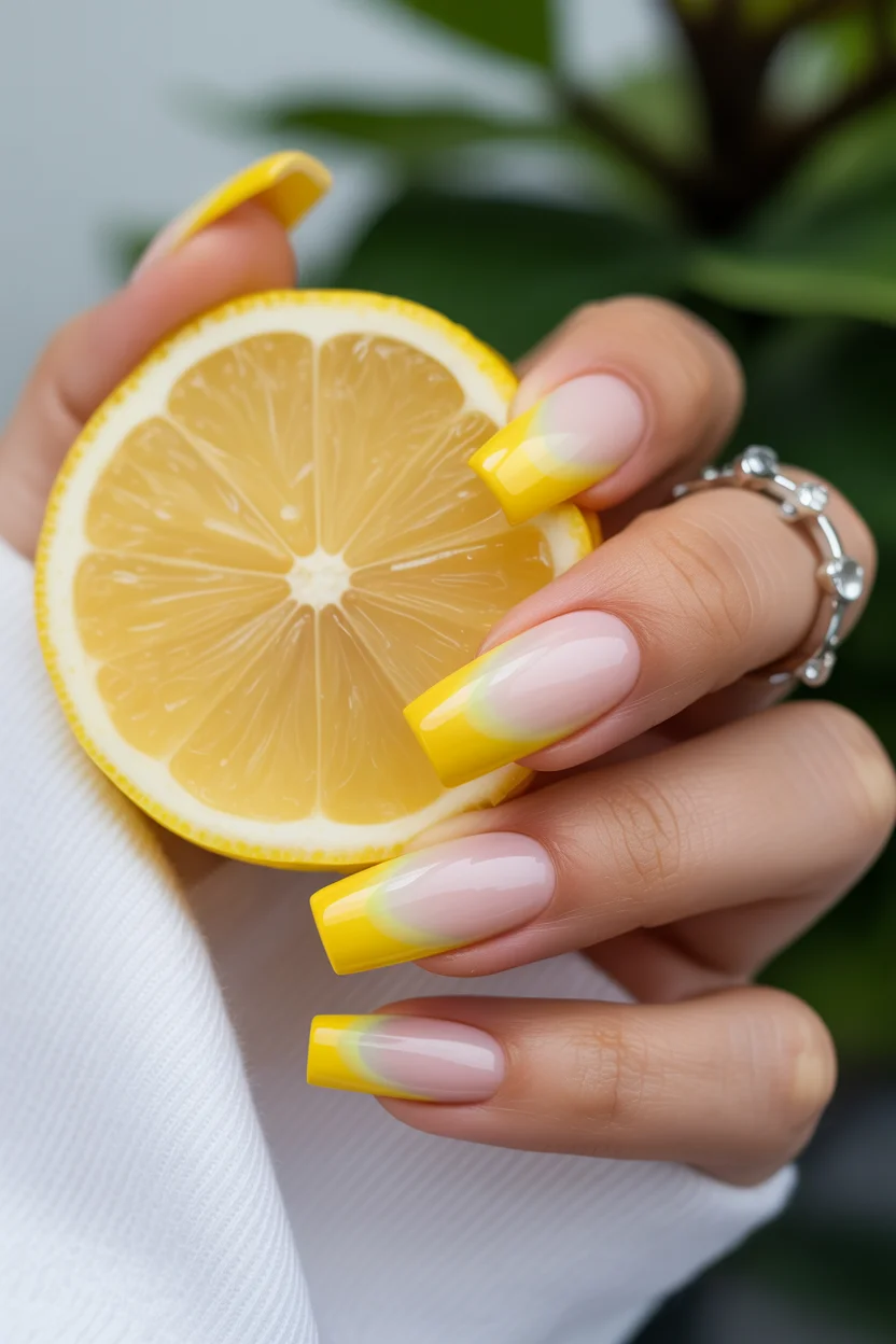 Summer yellow nails 2026 Lemonade Ombre French Tips