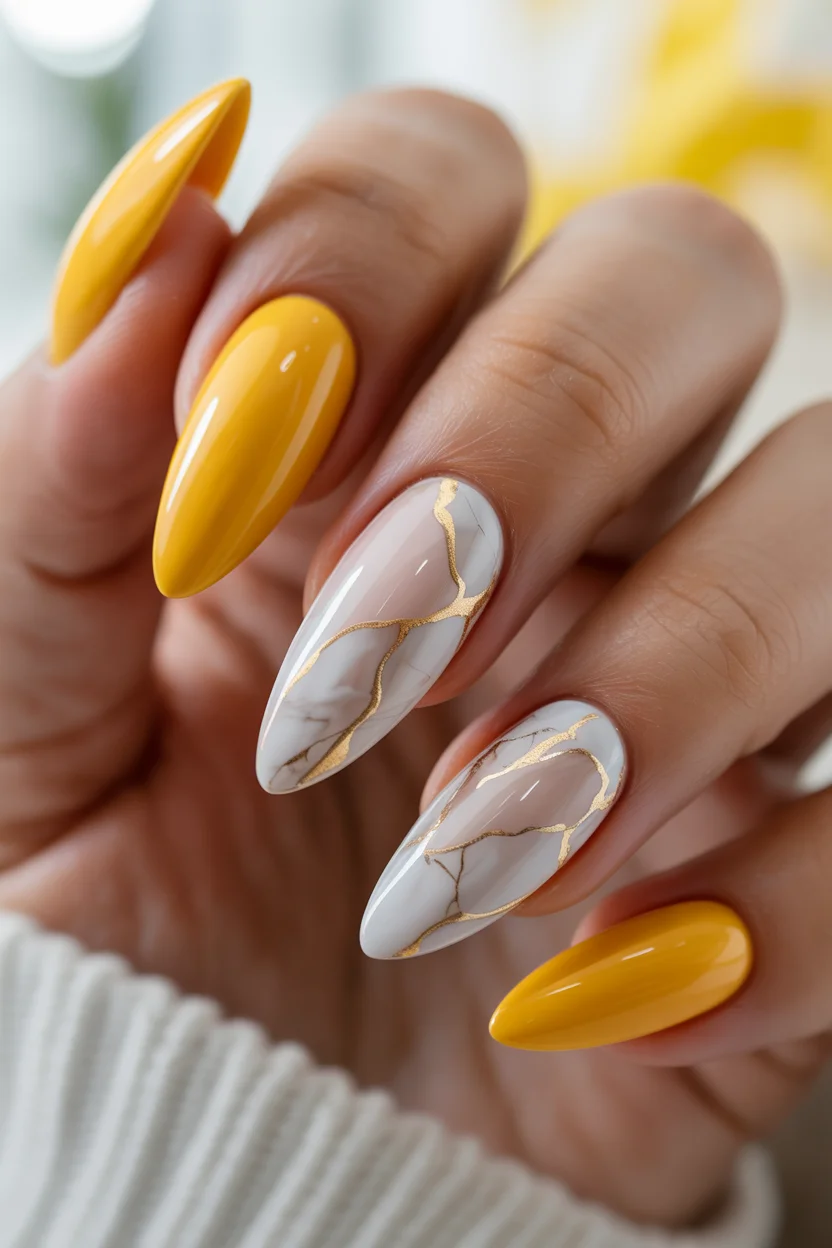 Summer yellow nails 2026 Golden Marble Nails With Luxe Details