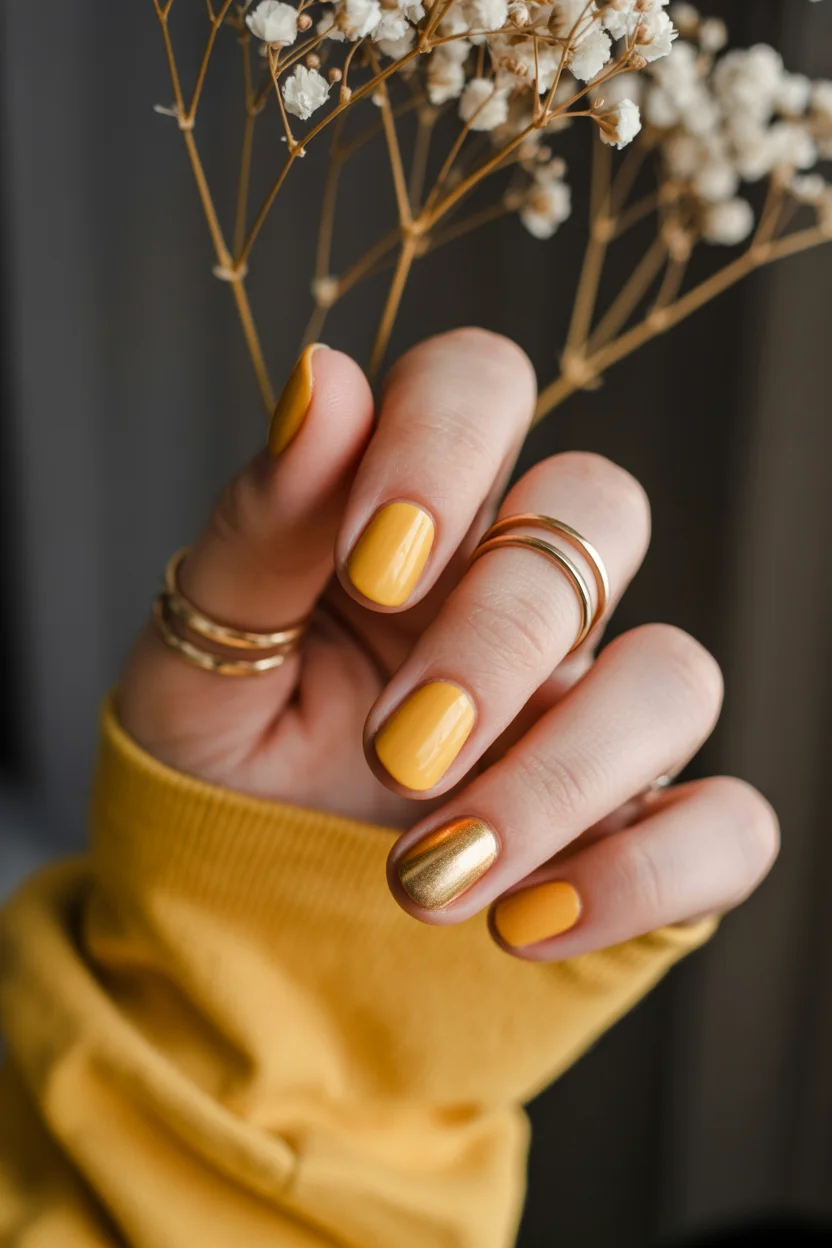 Summer yellow nails 2026 Soft Mustard Nails With Metallic Accent Shine