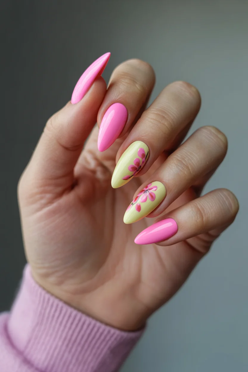 Summer yellow nails 2026 Pink Blossom Accents With Pastel Yellow