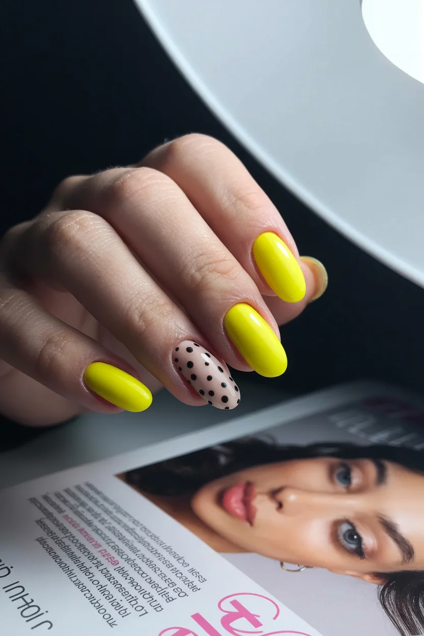 Summer yellow nails 2026 Neon Yellow With Playful Polka Dot Accents