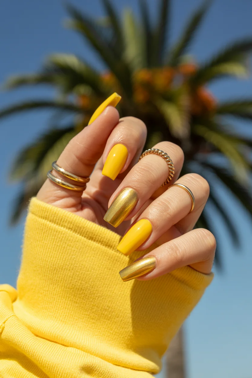 Summer yellow nails 2026 Golden Chrome and Sunshine Yellow Combo