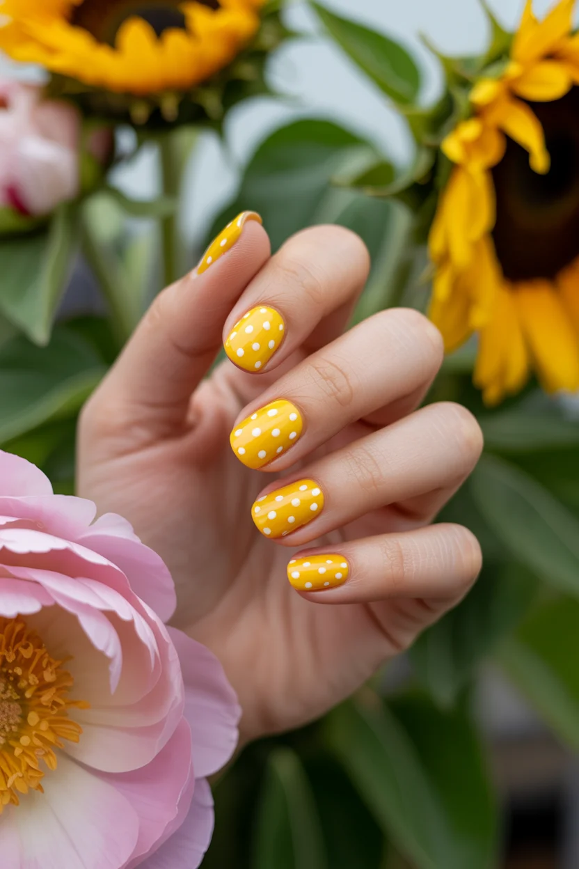 Summer yellow nails 2026 Retro Polka Dot Yellow Nails