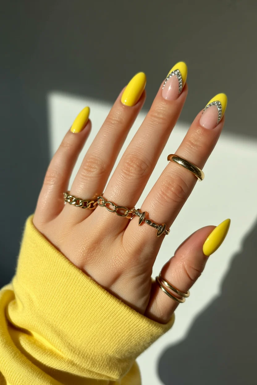 Summer yellow nails 2026 Sunny French Tips With Crystal Accents
