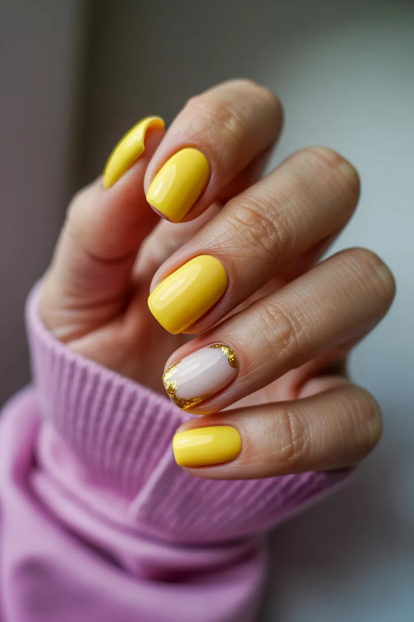 Summer yellow nails 2026 Soft Lemon Gloss With Delicate Gold Foil