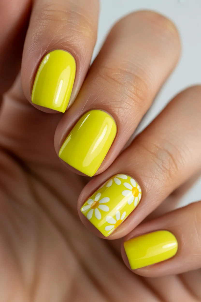 Summer yellow nails 2026 Daisy Details and Glossy Lemon Pop