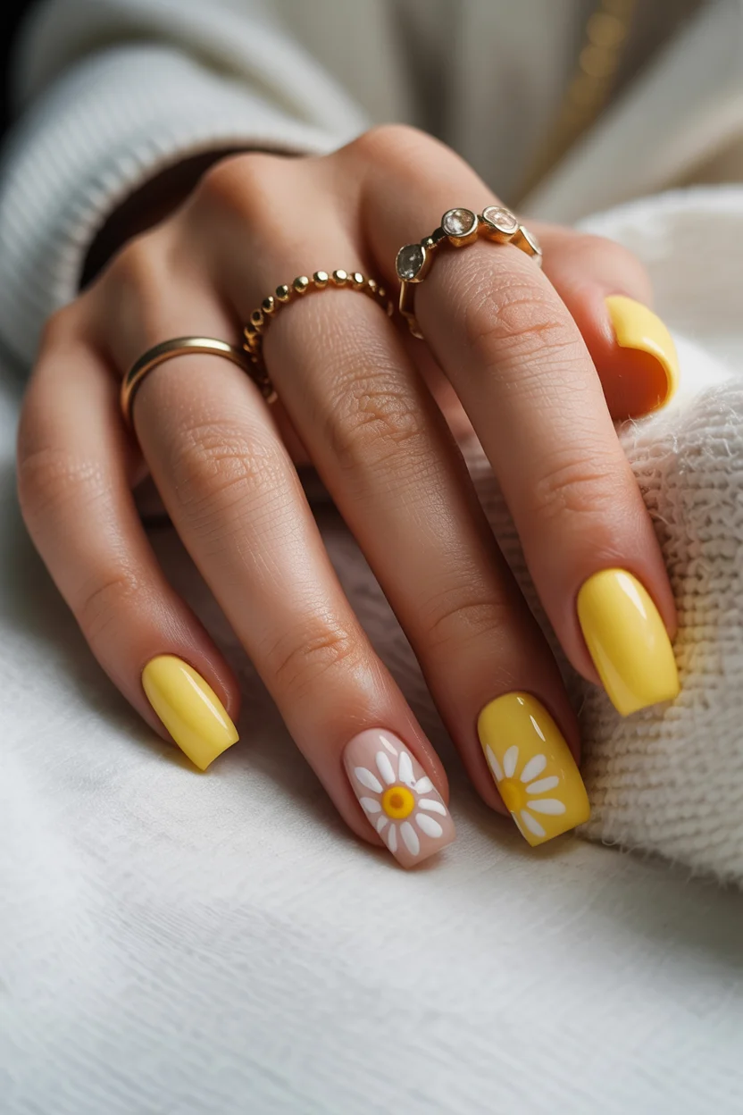 Summer yellow nails 2026 Soft Pastel Yellow With Delicate Daisy Accents