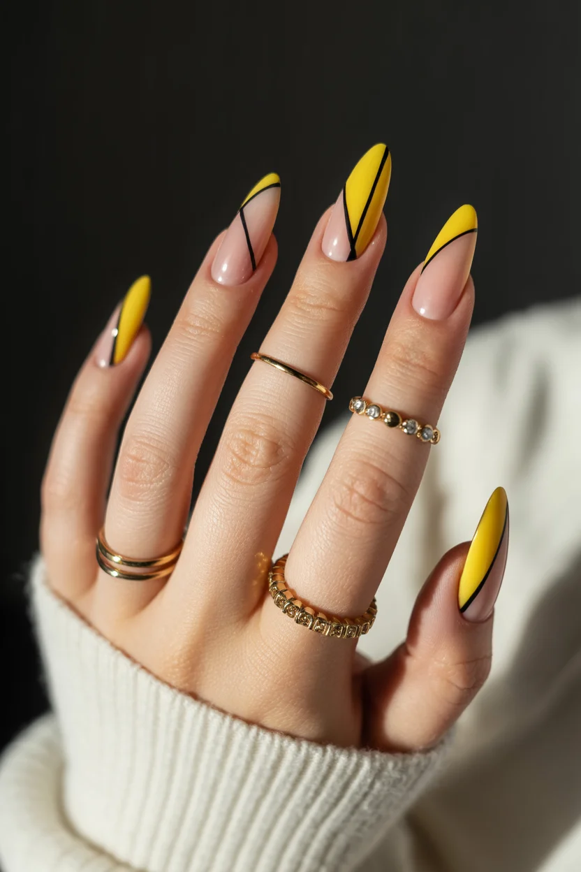 Summer yellow nails 2026 Graphic Yellow Lines With a Modern Edge