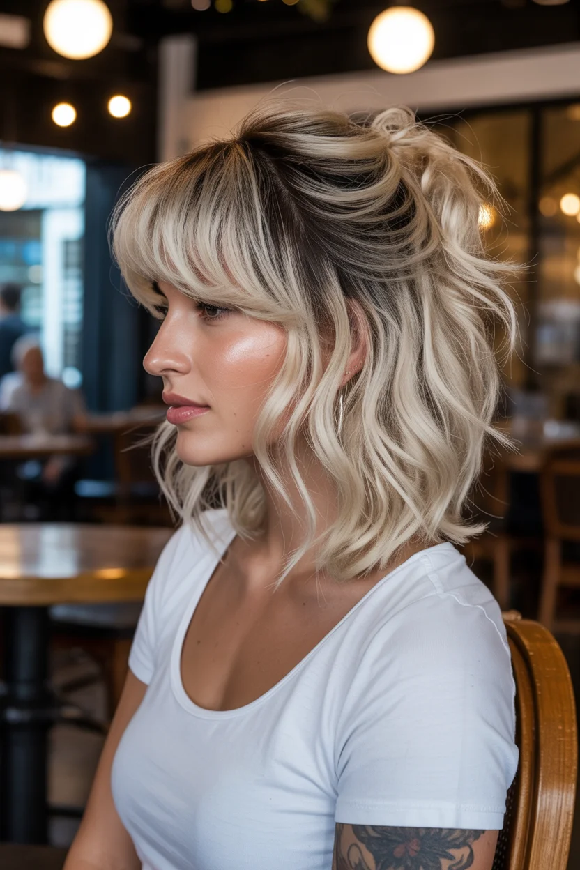 textured summer short hairstyles 2026 Half-Up Blonde Waves With Full Curtain Fringe