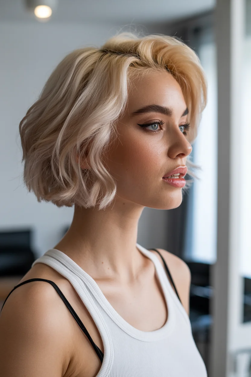 textured summer short hairstyles 2026 Silky Champagne Bob With Soft Volume