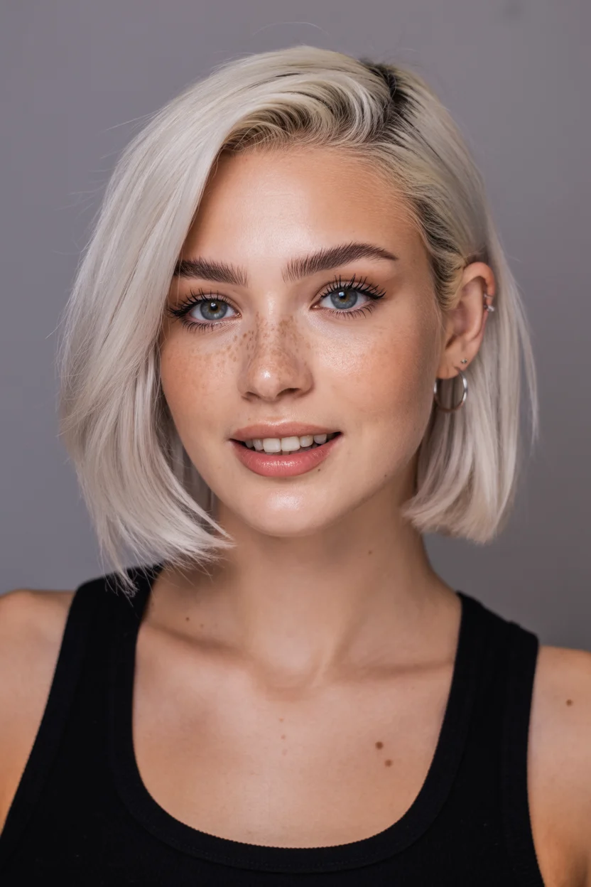 textured summer short hairstyles 2026 Sharp Ice Blonde Bob With Minimalist Finish