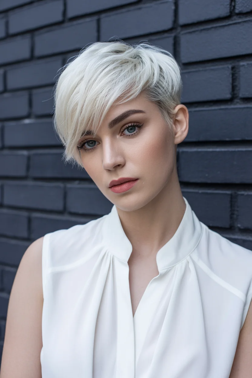 textured summer short hairstyles 2026 Textured Platinum Pixie With Side-Swept Drama