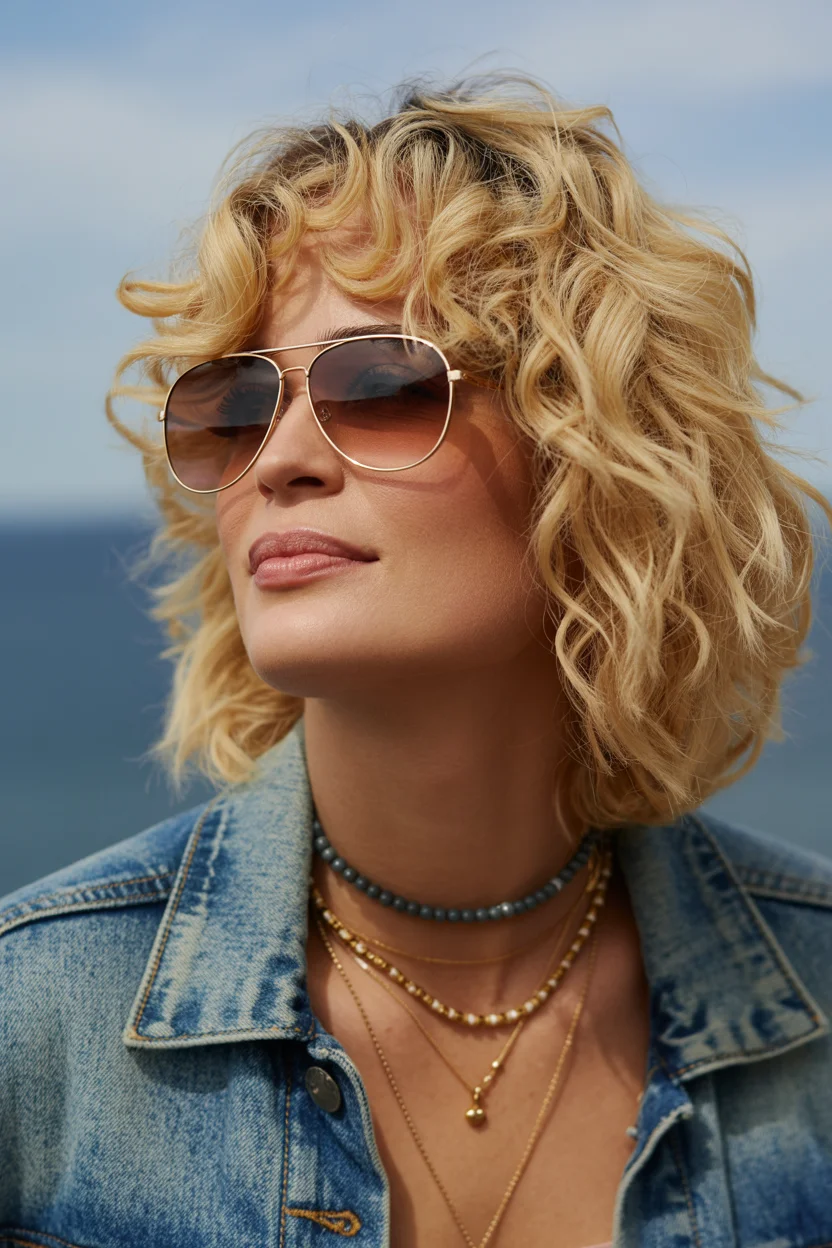 textured summer short hairstyles 2026 Beachy Curly Shag With Sun-Kissed Layers